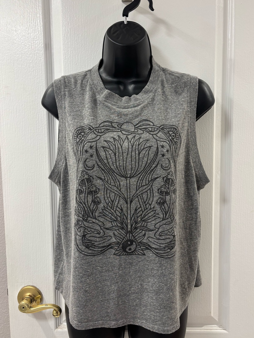Spiritual Gangster Graphic Grey Muscle Tee with Celestial Print S